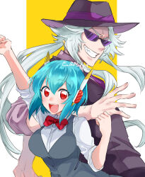 Rule 34 | 1boy, 1girl, arm up, blue hair, clenched hands, clenched teeth, commentary request, grey hair, hat, highres, inkamuko, kura sushi, long hair, looking at viewer, red eyes, shino-o, short hair, sunglasses, teeth, upper body, vest, waruiman
