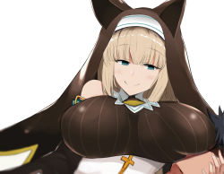 Rule 34 | 1girl, animal ears, bare shoulders, blush, bombergirl, breasts, brown hair, dress, fake animal ears, green eyes, highres, huge breasts, irohasm, large breasts, long hair, looking at viewer, nun, open mouth, ribbed sweater, sepia belmont, simple background, smile, solo, sweater
