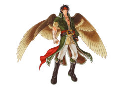 Rule 34 | 1boy, bandages, boots, brown hair, fire emblem, fire emblem: path of radiance, headband, jacket, kita senri, male focus, nintendo, official art, open clothes, open jacket, simple background, solo, tibarn, white background, wings