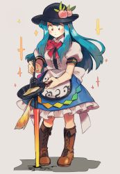 Rule 34 | 1girl, black hat, blue hair, blue skirt, boots, brown footwear, commentary, cooking, crack, cross-laced footwear, egg, focused, food, frilled shirt, frilled skirt, frills, fruit, frying pan, hat, hat leaf, highres, hinanawi tenshi, jeto (jetopyon), long hair, mundane utility, peach, planted, planted sword, planted weapon, puffy short sleeves, puffy sleeves, red eyes, shirt, short sleeves, sidelocks, silver background, skirt, solo, sparkle, spatula, sword, sword of hisou, touhou, weapon, white shirt, wing collar
