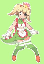Rule 34 | 1girl, :o, apron, bare shoulders, black eyes, blonde hair, blush, commentary request, covered collarbone, crown, earrings, frilled apron, frills, full body, gloves, green background, green thighhighs, hair between eyes, jewelry, kanpappa, lizard tail, looking at viewer, mario (series), mini crown, new super mario bros. u deluxe, nintendo, orange footwear, outline, parted lips, princess yoshi, shorts, simple background, sleeveless, solo, standing, striped clothes, striped thighhighs, super crown, tail, thighhighs, twintails, white apron, white gloves, white outline, yoshi, zettai ryouiki