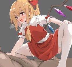 Rule 34 | 1boy, 1girl, :d, ascot, blonde hair, blush, bow, commentary request, crystal, dark-skinned male, dark skin, fang, flandre scarlet, girl on top, hair bow, highres, kamukamu (ars), no headwear, open mouth, pointy ears, red bow, red eyes, red skirt, short hair, short sleeves, side ponytail, skirt, smile, solo focus, squatting cowgirl position, sweat, thighhighs, touhou, white thighhighs, wings, yellow ascot