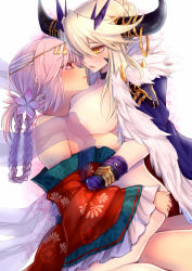 Rule 34 | 2girls, alternate costume, artoria pendragon (all), artoria pendragon (fate), artoria pendragon (lancer) (fate), artoria pendragon (lancer alter) (fate), artoria pendragon (lancer alter) (ox-demon king) (fate), asymmetrical docking, bare shoulders, blush, breast press, breasts, cape, chinese clothes, eye contact, face-to-face, fate/grand order, fate (series), floral print, florence nightingale (divine princess of the storm) (fate), florence nightingale (fate), flower, fur trim, girl on top, hagoromo, hair flower, hair ornament, hanfu, horn ornament, horns, japanese clothes, large breasts, long sleeves, looking at another, medium breasts, multiple girls, naked cape, no bra, parted lips, pink hair, saber (fate), saber alter, shawl, swept bangs, white hair, wide sleeves, yellow eyes, yude, yuri