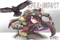Rule 34 | 1girl, allegra clark, apex legends, armor, axe, beidou (genshin impact), bloodhound (apex legends), bloodhound (apex legends) (cosplay), brown hair, brown jacket, brown pants, cosplay, crown, floating hair, genshin impact, gloves, goggles, goggles on head, highres, holding, holding axe, holding knife, jacket, knee pads, knife, leaning forward, long hair, pants, parted lips, raven&#039;s bite, red gloves, shoulder armor, smile, solo, twitter username, uncleduk, voice actor connection