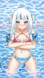 Rule 34 | 1girl, :t, absurdres, aqua hair, armband, artist name, artist request, bare shoulders, bikini, blue bikini, blue eyes, blue hair, blush, breasts, caustics, collarbone, commentary, cowboy shot, crossed arms, english commentary, english text, fins, fish skeleton, fish tail, frilled bikini, frilled swimsuit, frills, gawr gura, gluteal fold, hair ornament, highres, hololive, hololive english, in water, indoors, inflatable armbands, long hair, looking at viewer, midriff, monster girl, multicolored bikini, multicolored clothes, multicolored hair, multicolored swimsuit, navel, partially submerged, pout, red bikini, shark girl, shark hair ornament, shark tail, signature, silver hair, small breasts, swimsuit, tail, two side up, virtual youtuber, wading, water