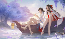 Rule 34 | 2girls, anklet, artistic error, bad feet, bare legs, barefoot, bird, boat, brown hair, detached sleeves, egg1111, feet, flute, forest, hair bun, hair ribbon, highres, instrument, japanese clothes, jewelry, kimono, lantern, long hair, multiple girls, nature, original, petals, petals on liquid, playing flute, red ribbon, ribbon, river, robe, short kimono, single hair bun, smile, soaking feet, soles, transverse flute, very long hair, watercraft, white robe