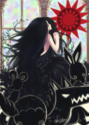 Rule 34 | 10s, 1girl, 2011, black flower, black hair, black rose, dated, elsa maria (madoka magica), flower, mahou shoujo madoka magica, mahou shoujo madoka magica (anime), own hands clasped, own hands together, personification, praying, rose, sanmi tenten, sebastians (madoka magica), signature, stained glass, window
