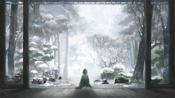 Rule 34 | architecture, bare tree, barefoot, black hair, bush, character request, day, east asian architecture, facing away, from behind, green robe, highres, indoors, long sleeves, onmyoji, robe, rock, sash, seiza, short hair, sitting, snow, soles, solo, stone lantern, tree, winter, wooden floor, yinertang