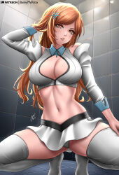 Rule 34 | 1girl, 2023, arm up, artist name, baileymcpatty, bleach, bleach: sennen kessen-hen, breasts, brown eyes, brown hair, cleavage, cleavage cutout, clothing cutout, commentary, crop top, detached sleeves, english commentary, female focus, grey shirt, grey skirt, grey thighhighs, hair ornament, hairclip, hand in own hair, highres, indoors, inoue orihime, large breasts, long hair, matching hair/eyes, midriff, miniskirt, navel, paid reward available, panties, pantyshot, parted bangs, parted lips, patreon logo, patreon username, shirt, signature, skirt, sleeveless, sleeveless shirt, solo, squatting, striped clothes, striped shirt, thick thighs, thighhighs, thighs, tile floor, tile wall, tiles, tiptoes, underwear