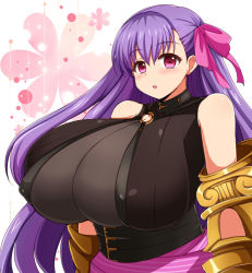 Rule 34 | 1girl, afuro, bare shoulders, blush, breasts, cleavage cutout, clothing cutout, dress, covered erect nipples, fate/extra, fate/extra ccc, fate/grand order, fate (series), female focus, hair ornament, hair ribbon, huge breasts, long hair, looking at viewer, o-ring, open mouth, passionlip (fate), pink eyes, purple eyes, purple hair, ribbon, see-through, simple background, solo, standing, upper body