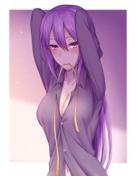 Rule 34 | 1girl, arms behind head, blush, breasts, cleavage, collarbone, collared shirt, commentary request, eltnum, hair between eyes, hair down, highres, large breasts, long hair, looking at viewer, mouth hold, navel, partially unbuttoned, pink background, purple eyes, purple hair, purple shirt, ribbon, ribbon in mouth, shirt, sion eltnam atlasia, solo, soukitsu, twitter username, tying hair, under night in-birth, upper body, yellow ribbon
