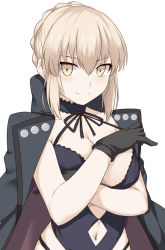 Rule 34 | 1girl, artoria pendragon (all), artoria pendragon (alter swimsuit rider) (third ascension) (fate), artoria pendragon (fate), black coat, black gloves, black one-piece swimsuit, black ribbon, blonde hair, blush, breasts, casual one-piece swimsuit, cleavage, closed eyes, closed mouth, clothing cutout, coat, fate/grand order, fate (series), gloves, hair between eyes, halterneck, jacket, jacket on shoulders, looking at viewer, medium breasts, navel, navel cutout, one-piece swimsuit, open clothes, open coat, ribbon, saber alter, shiseki hirame, short hair, simple background, smile, solo, strap lift, swimsuit, upper body, white background, yellow eyes