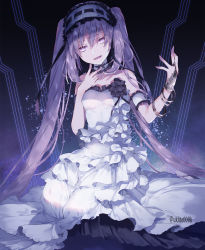Rule 34 | 1girl, :d, bangle, bare shoulders, black ribbon, bracelet, breasts, bridal gauntlets, dress, fate/hollow ataraxia, fate (series), frilled dress, frilled hairband, frills, hair between eyes, hairband, hand up, head tilt, highres, jewelry, layered dress, long hair, looking at viewer, open mouth, purple eyes, purple hair, ribbon, single bridal gauntlet, small breasts, smile, solo, stheno (fate), strapless, strapless dress, twintails, twitter username, very long hair, white dress, white hairband, yuuki kira