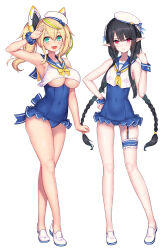 Rule 34 | 2girls, anette (pso2), black hair, blonde hair, blue one-piece swimsuit, blue sailor collar, braid, breasts, closed mouth, crossed legs, frilled one-piece swimsuit, frills, full body, garter straps, gene (pso2), green eyes, green hair, hat, large breasts, long hair, multicolored hair, multiple girls, neckerchief, nidy, one-piece swimsuit, open mouth, phantasy star, phantasy star online 2, pointy ears, sailor collar, sailor one-piece swimsuit, scrunchie, shoes, sidelocks, single garter strap, small breasts, standing, streaked hair, swimsuit, twin braids, twintails, underboob, watson cross, white footwear, white headwear, white neckerchief, wrist scrunchie