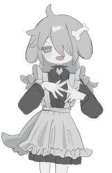 Rule 34 | 1girl, :d, @ @, ahoge, animal ears, apron, black dress, bone hair ornament, borrowed character, collared dress, cowboy shot, dog ears, dog girl, dog tail, dress, grey hair, hair ornament, hair over one eye, hands up, highres, hougetsu (moon neetcat), long hair, long sleeves, looking at viewer, maid apron, nuinuiwawan (character), open mouth, original, own hands together, simple background, smile, solo, standing, tail, white background