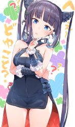 Rule 34 | 1girl, ?, bare shoulders, black dress, black hair, blue bow, blue eyes, blush, bow, breasts, cleavage, cleavage cutout, clothing cutout, commentary request, dress, fate/grand order, fate (series), fur trim, gomennasai, hair ornament, hand up, head tilt, highres, index finger raised, long hair, medium breasts, parted lips, short dress, sleeveless, sleeveless dress, solo, teeth, translation request, twintails, upper teeth only, very long hair, yang guifei (fate), yang guifei (second ascension) (fate)