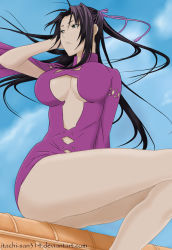 Rule 34 | 1girl, breasts, dress, female focus, huge breasts, impossible clothes, kazehana, outdoors, sekirei, sitting, sky, solo
