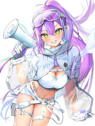 Rule 34 | 1girl, absurdres, breasts, colored inner hair, demon girl, demon tail, demon wings, ear piercing, gloves, goggles, goggles on head, gradient hair, green eyes, hair between eyes, hair ornament, highres, hip tattoo, holding, holding megaphone, hololive, knee pads, long hair, long sleeves, looking at viewer, medium breasts, megaphone, midriff, multicolored hair, navel, navel piercing, official alternate costume, piercing, pink hair, ponytail, purple hair, see-through, see-through sleeves, short shorts, shorts, smile, solo, streaked hair, tail, tate yukimi, tattoo, tokoyami towa, tokoyami towa (5th costume), virtual youtuber, white background, white gloves, white hair, white shorts, wings