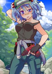 Rule 34 | 1girl, arm behind head, bandaid, bandaid on face, bandaid on nose, blue eyes, blue hair, blush, breasts, clothes around waist, drill, female focus, goggles, hair bobbles, hair ornament, hat, highres, jacket, jacket around waist, kawashiro nitori, matching hair/eyes, pants, power drill, power tool, short hair, short twintails, solo, sweat, tanakara, tank top, touhou, twintails, two side up