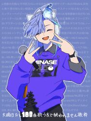 Rule 34 | 1boy, animal ear headphones, animal ears, blue hair, cat ear headphones, closed eyes, commentary request, facing viewer, fake animal ears, grey shirt, headphones, highres, holding, holding microphone, holostars, long hair, male focus, microphone, minase rio, open mouth, outline, purple hair, shirt, shirt under sweater, sleep (artist), smile, solo, sweater, translation request, upper body, v, virtual youtuber, watch, white outline