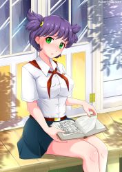Rule 34 | 1girl, absurdres, belt, blue skirt, book, book on lap, breast pocket, breasts, commentary, dress shirt, english commentary, everlasting summer, green eyes, head tilt, highres, huyase, large breasts, looking at viewer, neckerchief, open book, outdoors, patreon username, pocket, purple hair, red neckerchief, shirt, short hair, short sleeves, sitting, skirt, solo, tree shade, two side up, unyl-chan