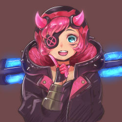 Rule 34 | 1girl, :d, animification, apex legends, black gloves, black headwear, black jacket, black lips, blue eyes, brown background, cyber punked wattson, eyepatch, gloves, highres, horns, jacket, lipstick, makeup, marugotti, official alternate costume, one eye covered, open mouth, pink hair, pointing, pointing up, portrait, smile, solo, spikes, wattson (apex legends)