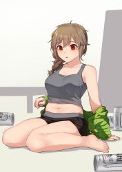 Rule 34 | 1girl, :o, asahi breweries, bare legs, barefoot, beer can, belly, black shorts, braid, braided ponytail, brown hair, can, clothes lift, commentary, drink can, empty eyes, expressionless, green jacket, grey tank top, highres, idolmaster, idolmaster cinderella girls, jacket, jacket partially removed, kamille (vcx68), looking down, messy hair, navel, on floor, open clothes, open jacket, red eyes, senkawa chihiro, shirt lift, shorts, side ponytail, sitting, skindentation, solo, tank top, thick thighs, thighs, wariza