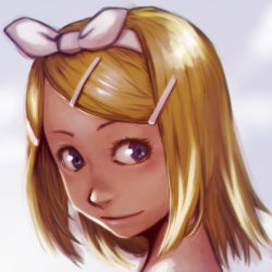 Rule 34 | 1girl, blonde hair, bow, closed mouth, commentary request, eyelashes, hair bow, hair ornament, hairclip, highres, kagamine rin, looking to the side, portrait, purple eyes, short hair, solo, soon (c-u-soon), swept bangs, vocaloid, white bow