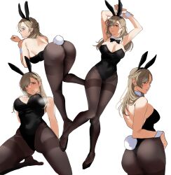 Rule 34 | 1girl, absurdres, animal ears, arms up, ass, asymmetrical bangs, backless leotard, bare shoulders, bent over, black footwear, black leotard, blonde hair, blush, bow, bowtie, breasts, breath, brown pantyhose, closed mouth, commentary, covered navel, detached collar, fake animal ears, fake tail, hairband, half updo, highleg, highleg leotard, highres, kneeling, knees together feet apart, large breasts, leotard, light brown hair, long hair, looking at viewer, looking down, lying, multiple views, no shoes, on back, original, pantyhose, playboy bunny, profile, rabbit ears, rabbit tail, shoes, skindentation, steaming body, strapless, strapless leotard, symbol-only commentary, tail, thighband pantyhose, traditional bowtie, wefightasone 1, wrist cuffs