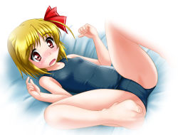 Rule 34 | 1girl, bare shoulders, bed sheet, blonde hair, collarbone, female focus, from above, neopure, one-piece swimsuit, red eyes, red ribbon, ribbon, rumia, school swimsuit, short hair, skin tight, solo, spread legs, swimsuit, toes, touhou