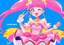 Rule 34 | 1girl, :d, ;d, ahoge, blue background, blunt bangs, choker, cure star, dress, earrings, fur cuffs, hair ornament, hoop earrings, hoshina hikaru, jewelry, long hair, looking at viewer, magical girl, one eye closed, open mouth, petticoat, pink choker, pink dress, pink eyes, pink hair, pouch, precure, ramune02, simple background, smile, solo, standing, star (symbol), star choker, star hair ornament, twintails, v, very long hair, wrist cuffs