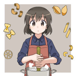 Rule 34 | 1girl, absurdres, apron, blue shirt, boiling, brown eyes, brown hair, commentary, cooking, cooking pot, ennui orz, food, highres, medium hair, original, pasta, red apron, shirt, sleeves rolled up, solo, steam, upper body, water