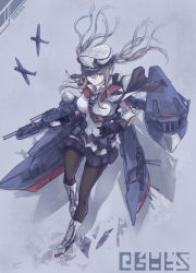 Rule 34 | 1girl, aircraft, airplane, black gloves, black pantyhose, black skirt, blonde hair, blue eyes, breasts, capelet, from above, gloves, graf zeppelin (kancolle), grey eyes, hair between eyes, hat, highres, jacket, kantai collection, large breasts, long hair, machinery, military, military uniform, miniskirt, necktie, pantyhose, peaked cap, pleated skirt, red necktie, sidelocks, skirt, solo, twintails, uniform, yomi (yomi14 pyaon)
