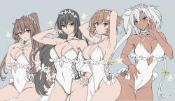Rule 34 | 4girls, anchor, black hair, breasts, brown hair, casual one-piece swimsuit, cherry blossoms, choker, cleavage, contrapposto, cosplay, covered navel, cowboy shot, dark-skinned female, dark skin, flipped hair, flower, green eyes, hair between eyes, hair flower, hair ornament, hairband, hand on own hip, head wreath, highleg, highleg swimsuit, kantai collection, kasumi (skchkko), large breasts, long hair, looking at viewer, multiple girls, musashi (kancolle), mutsu (kancolle), nagato (kancolle), one-piece swimsuit, ponytail, red eyes, sagiri (kancolle), sagiri (kancolle) (cosplay), short hair, side-tie swimsuit, sitting, smile, standing, swimsuit, twintails, unfinished, white choker, white hair, white one-piece swimsuit, yamato (kancolle)