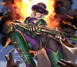 Rule 34 | 1girl, 1other, alternate costume, ashe (overwatch), blurry, blurry foreground, breasts, commentary, domino mask, earrings, english commentary, explosion, fingerless gloves, from below, gloves, gun, hat, holding, holding gun, holding weapon, jewelry, liang xing, lips, lipstick, looking at viewer, looking down, makeup, mask, medium breasts, mole, mole above mouth, nail polish, official alternate costume, overwatch, overwatch 1, parted lips, pov, red eyes, red lips, short hair, signature, solo focus, stepped on, watermark, weapon, web address, white hair
