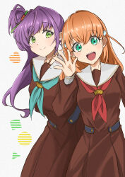 Rule 34 | 2girls, absurdres, brown dress, cerise bouquet, closed mouth, commentary request, dress, green eyes, green neckerchief, highres, hinoshita kaho, link! like! love live!, long hair, long sleeves, looking at viewer, love live!, medium hair, multiple girls, neckerchief, open mouth, orange hair, otomune kozue, purple hair, red neckerchief, sailor collar, side ponytail, sidelocks, smile, standing, sukihiro, upper body, white background, white sailor collar, winter uniform
