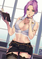 Rule 34 | 1girl, absurdres, armlet, bare shoulders, black choker, black panties, black skirt, black thighhighs, blue eyes, book, breasts, choker, cleavage, collarbone, commentary request, cowboy shot, crop top, dead or alive, dead or alive xtreme, dead or alive xtreme venus vacation, elise (doa), frilled shirt, frills, gluteal fold, hair bun, highres, hip vent, holding, holding book, indoors, jewelry, kagematsuri, looking at viewer, medium breasts, midriff, miniskirt, navel, necklace, panties, panty peek, parted bangs, parted lips, pencil skirt, purple hair, shirt, sidelocks, skindentation, skirt, sleeveless, sleeveless shirt, solo, standing, thighhighs, twitter username, underwear, white shirt, window, zettai ryouiki