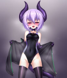 Rule 34 | 1girl, :3, absurdres, black one-piece swimsuit, blush, breasts, cameltoe, competition swimsuit, covered erect nipples, covered navel, demon girl, demon horns, demon tail, entenca, gluteal fold, heart, heart-shaped pupils, highleg, highleg swimsuit, highres, horns, looking at viewer, medium breasts, multicolored clothes, multicolored swimsuit, naughty face, one-piece swimsuit, open mouth, original, purple hair, red eyes, shiny clothes, sweat, swimsuit, symbol-shaped pupils, tail, thighhighs, thighs