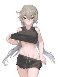 Rule 34 | 1girl, armpit crease, black shorts, black tank top, blush, breasts, chinese commentary, closed mouth, clothes pull, collarbone, cowboy shot, eyelashes, finger under clothes, green eyes, green nails, hair between eyes, hair ornament, hairclip, highres, honkai: star rail, honkai (series), light brown hair, looking at viewer, low twintails, medium breasts, midriff, navel, ningmeng chamao, qingque (honkai: star rail), shirt pull, shorts, shorts pull, simple background, skindentation, solo, tank top, thighhighs, twintails, underboob, white background