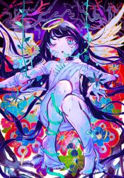 Rule 34 | 1girl, abstract background, barefoot, bite mark, black hair, blue eyes, blue flower, crying, crying with eyes open, dated, feathered wings, flower, full body, hair spread out, halo, highres, injury, kiato, leaf, long hair, looking at viewer, lying, melting halo, nipples, on back, one eye closed, open mouth, original, pink flower, plant, scratches, signature, solo, tears, very long hair, vines, white wings, wings, yellow flower