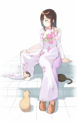 Rule 34 | 1girl, :3, animal, bad id, bad pixiv id, blush, brown eyes, brown footwear, brown hair, cat, chinese clothes, collarbone, floral print, full body, long sleeves, lying, on stomach, original, profile, shoes, sideways mouth, simple background, sitting, smile, stairs, u (mikaduki0720), vietnamese dress, white background, | |