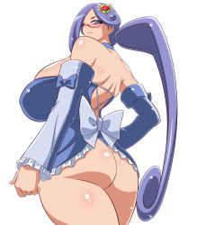 Rule 34 | 1girl, ass, bare shoulders, blue eyes, blue hair, blush, breasts, choker, cowboy shot, detached sleeves, female focus, gigantic breasts, glasses, hair ornament, hairclip, highres, huge breasts, leotard, long hair, looking at viewer, looking back, matching hair/eyes, original, plump, precure, shiny skin, simple background, solo, standing, strapless, strapless leotard, tagme, thick thighs, thighs, very long hair, white background, wide hips, yukimaru (gojo)