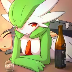 Rule 34 | alcohol, blush, bottle, creatures (company), cup, drink, drinking glass, drunk, female focus, game freak, gardevoir, gen 3 pokemon, glass, green hair, ice, ice cube, kaceuth, looking at viewer, mawile, nintendo, no humans, open mouth, pokemon, pokemon (creature), red eyes, short hair, shot glass, sleeping