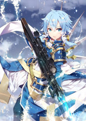 Rule 34 | 1girl, anti-materiel rifle, armor, black pantyhose, blue armor, blue dress, blue eyes, blue hair, blue sky, bolt action, breastplate, cloud, commentary request, day, dress, gabiran, gloves, gun, hair between eyes, hair ornament, holding, holding gun, holding weapon, long sleeves, looking at viewer, outdoors, pantyhose, parted lips, pgm hecate ii, rifle, scarf, short hair, shoulder armor, sidelocks, sinon, sinon (solus), sky, sniper rifle, solo, standing, striped clothes, striped dress, sword art online, tagme, weapon, white scarf