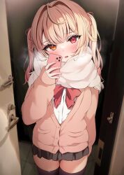 Rule 34 | 1girl, arm at side, black skirt, black thighhighs, blonde hair, blush, bow, bowtie, breath, buttons, cardigan, cellphone, commentary request, cowboy shot, doorway, fringe trim, gradient hair, hair intakes, hair ribbon, hand up, heterochromia, highres, holding, holding phone, hoshikawa sara, hoshikawa sara (4th costume), long hair, long sleeves, looking at viewer, miniskirt, multicolored hair, namagome negi, nijisanji, open door, open mouth, orange cardigan, orange eyes, phone, pleated skirt, pocket, puffy long sleeves, puffy sleeves, red bow, red bowtie, red ribbon, ribbon, scarf, school uniform, shirt, skirt, sleeves past wrists, smartphone, standing, thighhighs, thighs, tile floor, tiles, twintails, virtual youtuber, white scarf, white shirt, winter, winter clothes, yellow eyes, zettai ryouiki