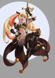 Rule 34 | 1girl, armor, blonde hair, gloves, long hair, multicolored hair, navel, open mouth, simple background, solo, sword, twintails, two-tone hair, weapon, z.h.y