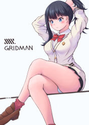 Rule 34 | 1girl, absurdres, alternate hairstyle, arms behind head, artist name, b7669726, bare legs, black hair, black skirt, blue eyes, blush, bow, bowtie, breasts, brown footwear, cardigan, commentary request, gridman universe, highres, large breasts, long hair, long sleeves, miniskirt, panties, pleated skirt, red bow, red bowtie, red socks, school uniform, shirt, simple background, sitting, skirt, socks, solo, ssss.gridman, takarada rikka, thighs, underwear, white background, white cardigan, white panties, white shirt