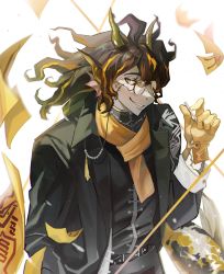 Rule 34 | 1boy, arknights, black hair, chinese clothes, cigarette, fins, furry, furry male, gloves, hagrang, highres, horns, jewelry, kanji, koi, lee (arknights), long hair, male focus, necklace, scarf, simple background, solo, white background, yellow gloves