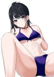 Rule 34 | 1girl, absurdres, bikini, black hair, blue eyes, choker, closed mouth, hair ornament, hairclip, highres, idolmaster, idolmaster shiny colors, kazano hiori, light smile, long hair, looking at viewer, mm (pomeme4), mole, mole under mouth, navel, ponytail, purple bikini, simple background, solo, spread legs, swimsuit, white background