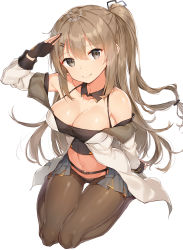 Rule 34 | 1girl, arm up, bare shoulders, black collar, black gloves, black ribbon, blush, breasts, brown eyes, brown hair, brown pantyhose, cleavage, closed mouth, collar, collarbone, commentary, detached collar, girls&#039; frontline, gloves, hair ornament, hair ribbon, hairclip, has bad revision, has downscaled revision, head tilt, highres, jacket, k2 (girls&#039; frontline), large breasts, long hair, long sleeves, md5 mismatch, navel, off shoulder, one side up, pantyhose, partially fingerless gloves, resolution mismatch, ribbon, rikoma, salute, showgirl skirt, sidelocks, simple background, sitting, smile, solo, source smaller, thighband pantyhose, very long hair, wariza, white background, white jacket